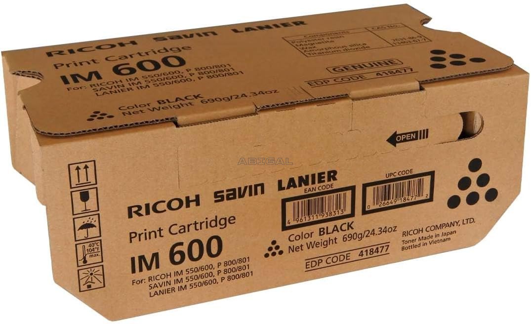 Cartucho De Tóner Original Ricoh 418477 (IM 600) IM 550 / IM 550F / IM 600 / IM 600F / IM 600SRF / P 800 / P 801 Black 25,500 Páginas